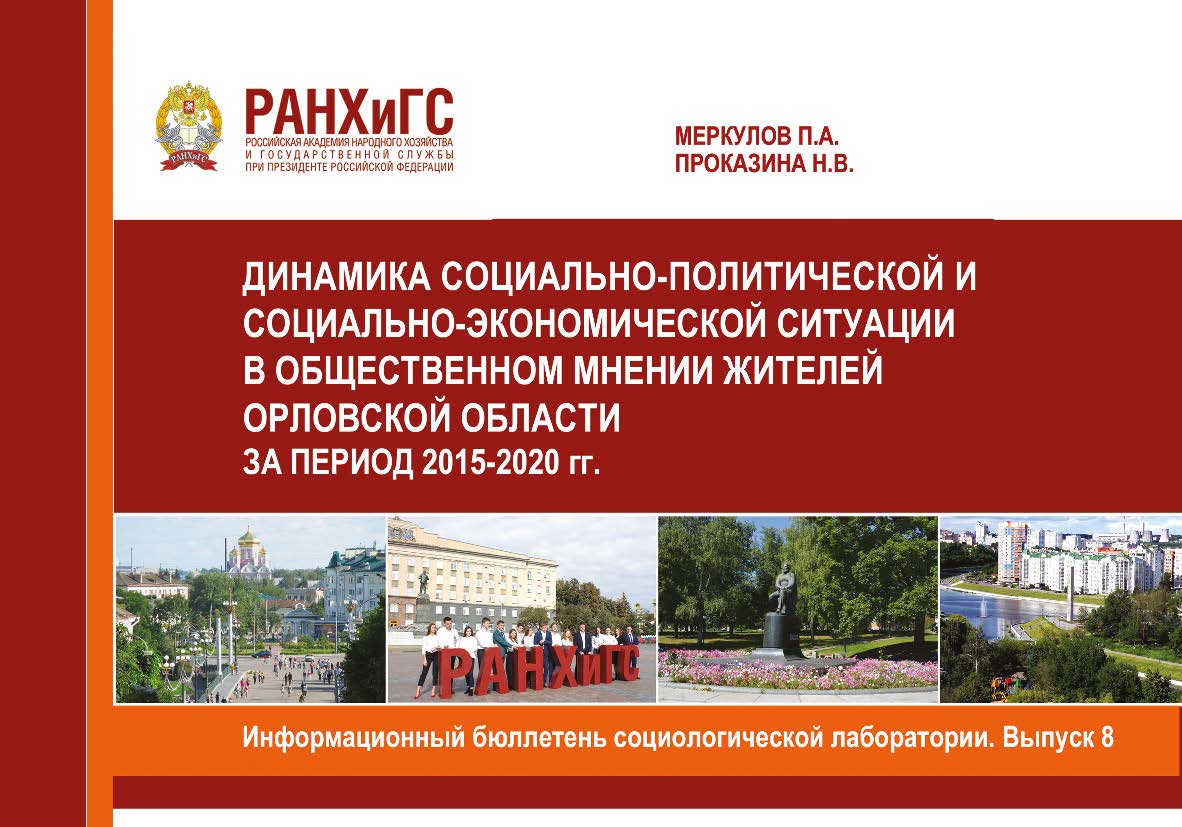 Информационный бюллетень социологической лаборатории. Научное издание. Выпуск 8. Динамика социально-политической и социально-экономической ситуации в общественном мнении жителей Орловской области за период 2015-2020 гг общественном мнении жителей Орловско ISBN 978-5-93179-646-8
